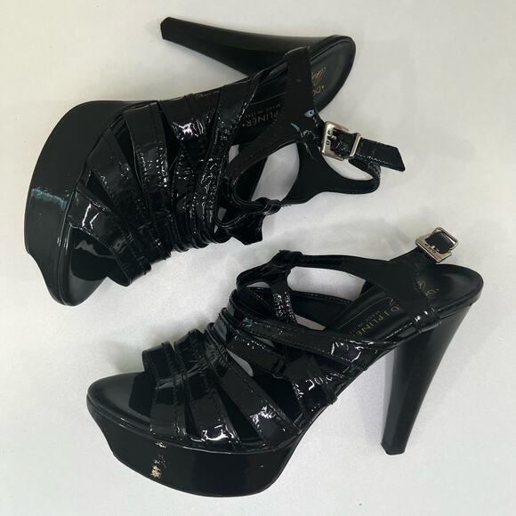 Donald J PIlner Strappy Black Patent Leather High Heels 7.5 - Picture 2 of 6